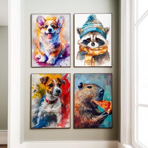 Juego de 4 impresiones de capibara, corgi, mapache, Jack Russell, póster de animales en acrílico, ilustración digital, arte de pared de galería, pósteres JPG para habitación de niños