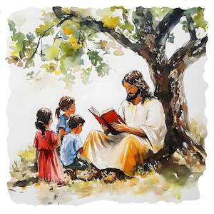 10 immagini JPG di Gesù che predica ai bambini Clipart, Clip art jpg acquerello, JPG stampabili, Carta artigianale, Alta qualità, Bibbia di Gesù Cristo