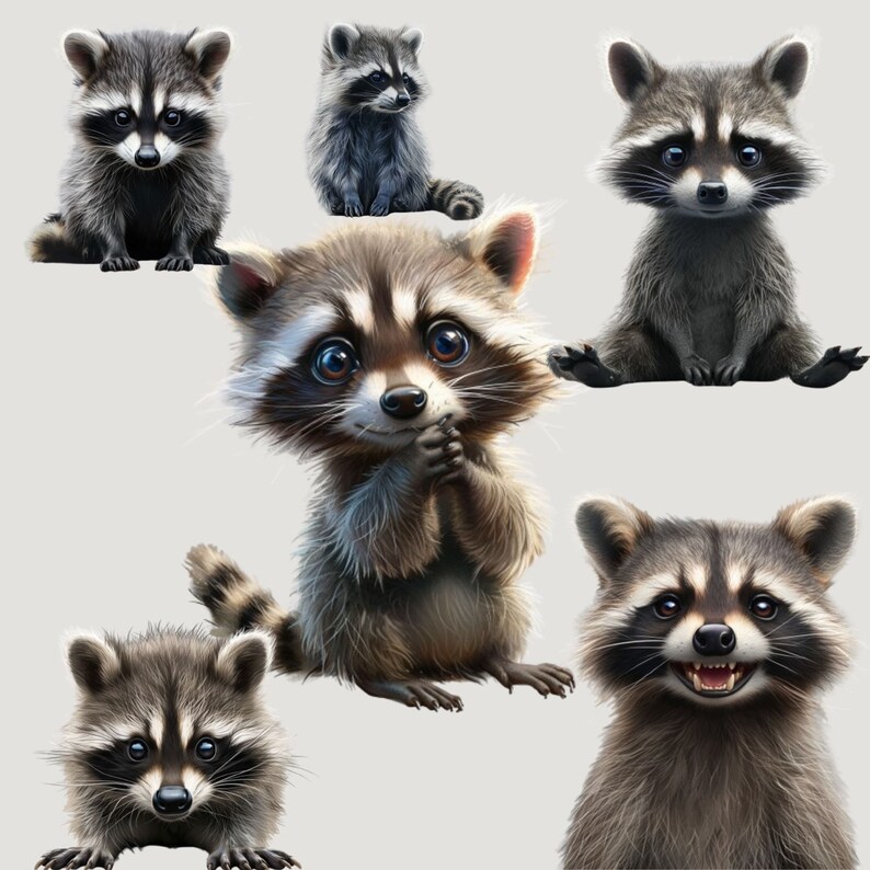 Set of 18 Cute Racoon PNG Poster, Digital Illustration, Racoon Print ...