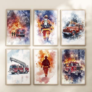 Set of 6 Fire Rescue Prints, Watercolor Poster, Digital Illustration, Gallery Wall Art, Boys Room Decor, Printable Art, Firefighter Posters