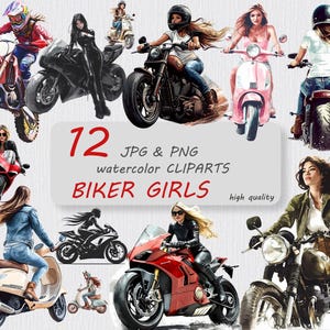 12 motorrijder vrouwen aquarel clipart, png en jpg, vrouwelijke motorrijder beelden, motorfiets avontuur graphics, hoge kwaliteit, instant digitale download