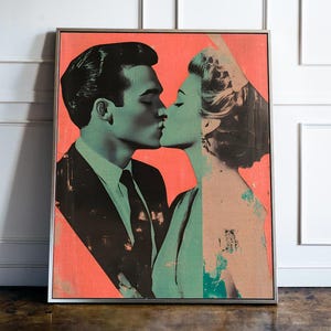 Vintage Style Digital Poster | Romantic 1960s Couple Kissing | Retro Love Wall Art | Black and White Print | Mid-Century Romance Decor