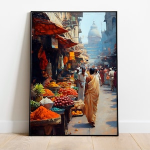 Affiche numérique du marché indien antique - Style peinture à l'huile - Art mural du bazar historique - Paysage urbain indien vibrant - Décoration murale imprimable pour la maison
