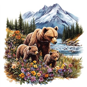 9 JPG Digital Watercolor Bears & Cubs Clipart, Cute Mountain Bears for Invitations, Wild Animal Prints, Crafts, Instant Digital Download