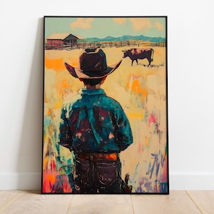 Kleiner Farmer Druck, Ölgemälde Poster, digitale Illustration, junger Cowboy Wandkunst, Vintage Poster Sofort Download Bild, druckbare Kunst