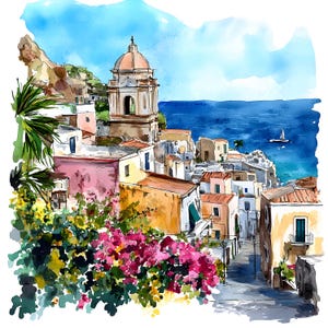 12 wunderschöne Ansichten des italienischen Sizilien Aquarell Clipart, hochwertige JPG-Set, mediterrane Landschaftskunst, Reise-Illustrationspaket, Italien