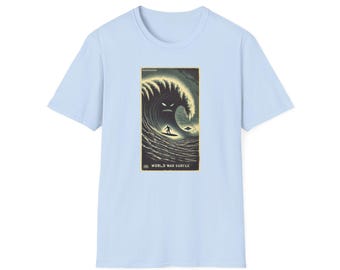 World War Surfer T-Shirt - Vintage Horror Wave UFO Tee - Retro Surf Art Graphic Shirt - Unique Surfer and Sci-Fi Gift