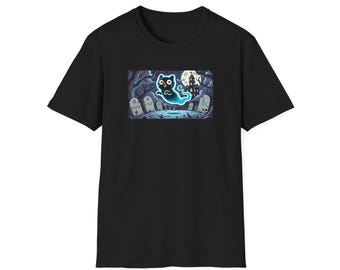 May include: Black t-shirt with a graphic of a black cat ghost flying over a graveyard with a full moon in the background.