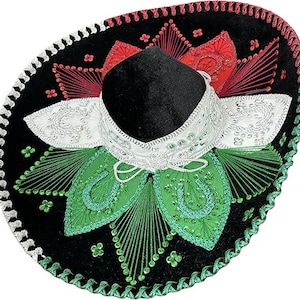 Authentic Mariachi Charro Sombrero - Traditional Mexican Hat with Unique Embroidery, Black Green Red and White