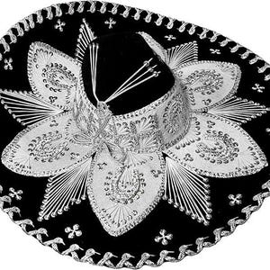 May include: A black sombrero with elaborate silver embroidery and embellishments. The hat features a wide brim and a tall, rounded crown. The design includes floral patterns and decorative stitching, creating a festive and traditional look.