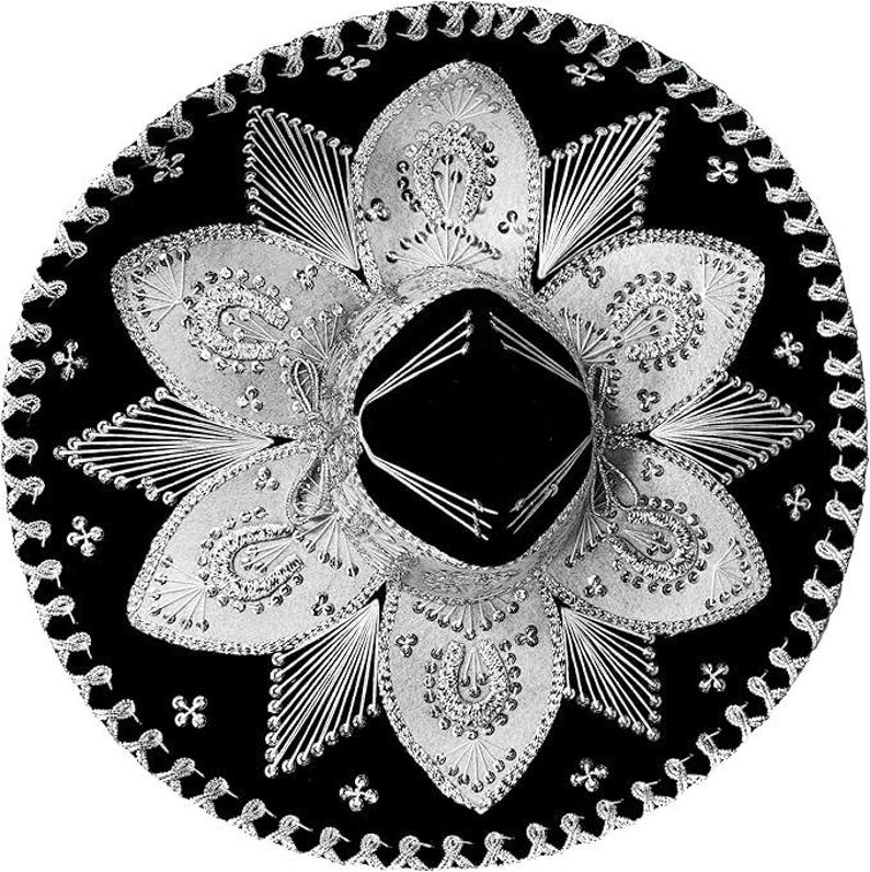 May include: A black sombrero with silver embroidery and embellishments. The hat features a floral design with intricate detailing and a decorative border. The sombrero is a traditional Mexican hat, often worn during celebrations and festivals.