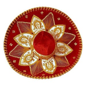 Puede incluir: Un sombrero rojo con ribetes dorados y bordados florales blancos y dorados. El sombrero presenta una corona redondeada y un ala ancha y circular. El diseño incluye costuras intrincadas y elementos decorativos.