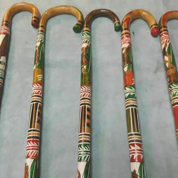 Hand Carved Wooden Walking Cane: Mexican Aztec Painted Design