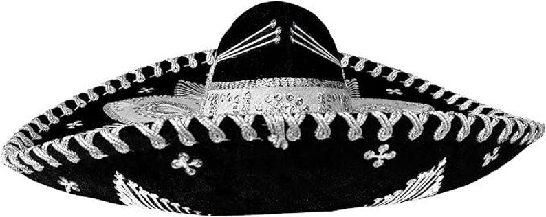 May include: A black sombrero with silver embroidery and trim. The hat features a wide brim and a tall, rounded crown. The decorative silver trim outlines the brim and crown, with additional embroidered floral and geometric designs.