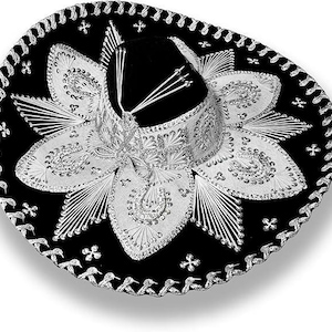 May include: A black sombrero with intricate silver embroidery and trim. The hat features a wide brim and a tall, rounded crown. The silver detailing includes floral and geometric patterns, creating a festive and decorative look.