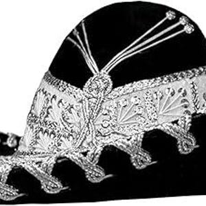 May include: A black sombrero with silver embroidery and trim. The hat features a wide brim and a rounded crown, with intricate floral and geometric patterns. The hat is a traditional Mexican garment.