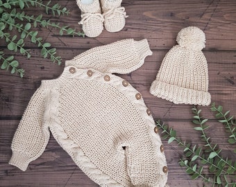 Newborn Rompers Set, Unisex Hand Knitted Rompers, Hat & Booties Set, Knitted Baby Clothes, Organic Baby Clothing, Sibling Gift