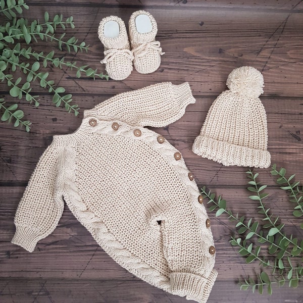 Newborn Rompers Set, Unisex Hand Knitted Rompers, Hat & Booties Set, Knitted Baby Clothes, Organic Baby Clothing, Sibling Gift