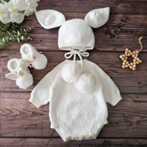 Conjunto de macacão para recém-nascido, conjunto de coelho para bebê, roupa de coelho da Páscoa, botinhas de coelho, conjunto de coelho angorá de malha para bebê, acessórios para fotografia