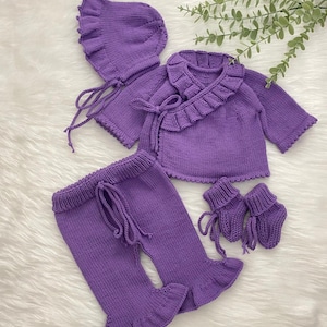 Hand-Knitted Purple Baby Girl Outfit with Ruffles | Organic Cotton 4-Piece Set | Newborn Coming Home Gift | Baby Shower Gift Set