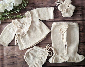 Hand-Knitted Organic Cotton Newborn Set, Cardigan, Hat, Pants, Booties