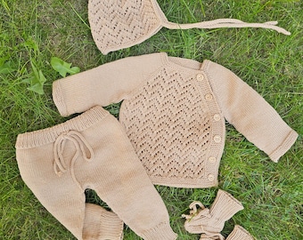 Organic Cotton Knit Baby Outfit, Cardigan, Hat, Pants, Booties