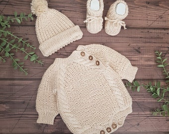 Newborn Rompers Set, Unisex Hand Knitted Rompers, Hat & Booties Set, Knitted Baby Clothes, Organic Baby Clothing, Sibling Gift
