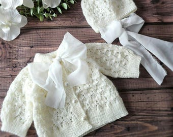 Ensemble Cardigan + Chapeau Tricoté Main Bébé - Blanc, Laine, Taille Nouveau-né