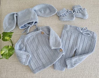 Organic Cotton Knit Baby Outfit, Hand-Knitted Cardigan, Hat, Pants, Booties