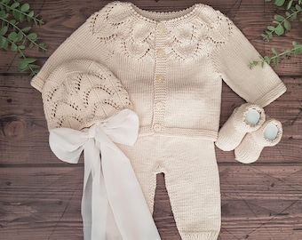 Neugeborenen Baby Heimkehr Outfit, gestrickte Baby Outfit, Unisex Babykleidung, Bio-Babykleidung, neues Baby Geschenk, Baby-Dusche-Geschenk