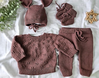 Organic Cotton Knit Baby Outfit, Cardigan, Hat, Pants, Booties