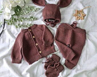 Organic Cotton Hand-Knitted Baby Outfit, Cardigan, Hat, Pants & Booties