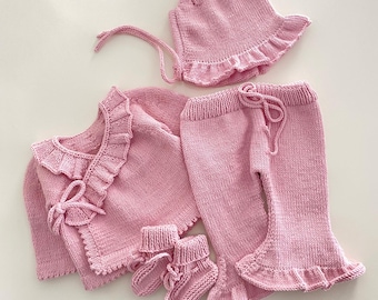 Organic Cotton Hand-Knitted Baby Girl Outfit, Cardigan Set