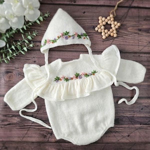 Hand-Knitted Mohair Baby Romper Set, Frilly Newborn Outfit