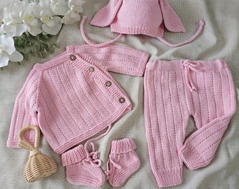 Organic Cotton Hand-Knitted Baby Outfit, Cardigan, Hat, Pants, Booties