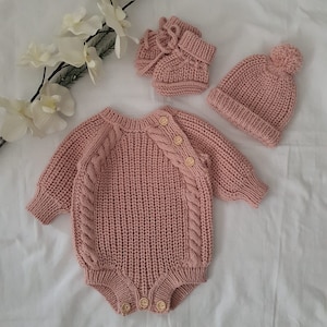 Baby Girl Newborn Rompers Set, Unisex Hand Knitted Rompers, Hat & Booties Set, Knitted Baby Clothes, Organic Baby Clothing, New Baby Gift