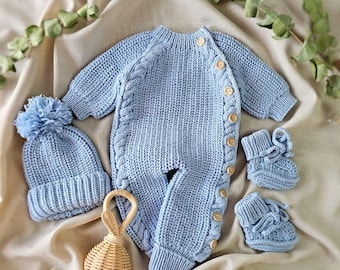 Hand-knitted Blue Baby Boy Coming Home Outfit – Organic Cotton