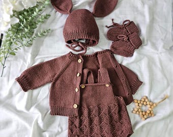 Hand-Knitted Organic Cotton Baby Outfit, Homecoming Set