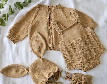 Hand-Knitted Organic Cotton Baby Outfit, Cardigan, Hat, Pants, Booties