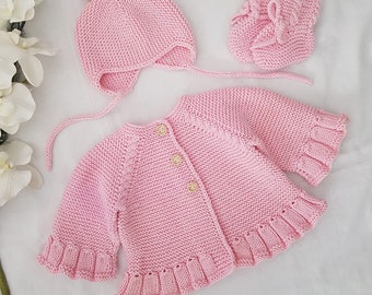 Ensemble cardigan nouveau-né, tenue en tricot pour bébé, vêtements bébé fille, veste fille, vêtement bio pour bébé, cadeau nouveau-né, cadeau bébé