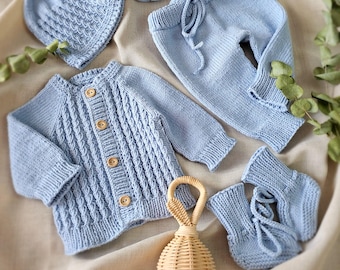 Organic Cotton Knit Baby Outfit, Hand-Knitted Newborn Set