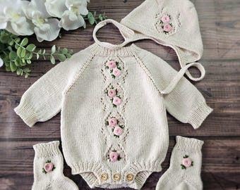 Newborn Baby Coming Home Outfit, Rose Embroidered 3-Piece Romper Set, Organic Baby Clothes, Knitted Baby Clothes, Newborn Photo Shoot Prop