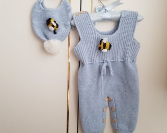 Knitted Newborn Outfit, Honey Bee Rompers Set, Newborn Coming Home Baby Outfit, Cotton Hand Knitted Ribbed Crochet Bee