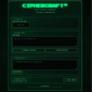 Puede incluir: Una interfaz digital titulada CIPHERCRAFT con una estética de neón verde sobre un fondo oscuro. Incluye secciones para una clave de 4 dígitos, un cuadro de entrada de mensajes, botones para cifrar y descifrar, y un botón de audio.