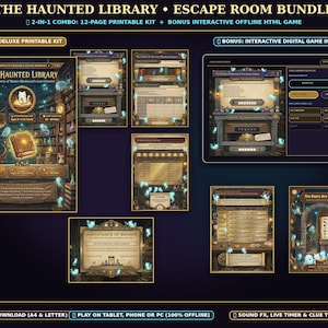 May include: The Haunted Library Escape Room Bundle includes a 12-page printable kit and an interactive digital game. The kit features a book cover, game pages, and a certificate of escape. The digital game displays a timer, clue tracker, and sound effects.