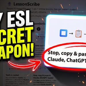 May include: A digital graphic featuring the text MY ESL SECRET WEAPON! and a red arrow pointing to a white box containing the text Stop, copy & paste to Claude, ChatGPT, Gemini. Icons for AI, ChatGPT, and Gemini are visible on the left side.