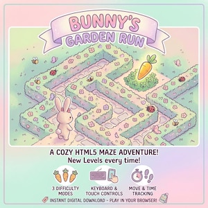 May include: A digital game graphic titled BUNNY'S GARDEN RUN featuring a light-colored rabbit in a floral hedge maze with a glowing carrot. Text includes A COZY HTML5 MAZE ADVENTURE! New Levels every time! with icons for difficulty, controls, and tracking.