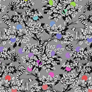 May include: A repeating pattern featuring lemurs, trees, and colorful orbs. The lemurs are gray with striped tails, and the trees are black and white. The orbs are in shades of pink, purple, blue, green, and red, set against a gray dotted background.