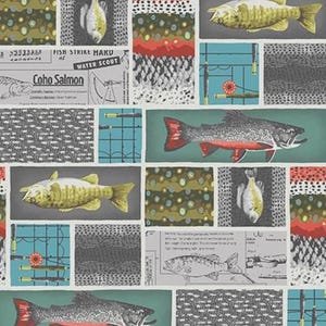 May include: A fabric pattern featuring a collage of fishing-themed illustrations, including various fish species, fishing rods, reels, and vintage-style text blocks labeled Coho Salmon and Fish Strike Hard at Water Scout, set against a grid layout.