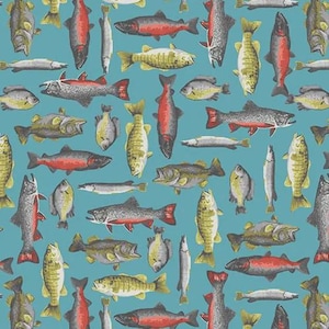 May include: A teal fabric featuring a repeating pattern of various fish species in shades of red, grey, yellow, and green. The illustration style depicts multiple types of trout, bass, and salmon oriented in different directions across the surface.